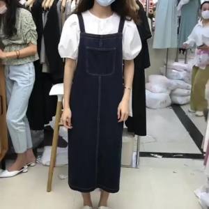 Váy Yếm Bò Cổ Điển Váy Bò Quá Đầu Gối Rộng Rãi Dáng Người Nhỏ Trẻ Trung Cho Học Sinh Váy Liền Dáng Dài Nữ Mùa Hè