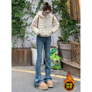 กางเกงยีนส์ทรงขาบานเอวสูงสำหรับผู้หญิงไซส์ใหญ่ สีน้ำเงินเข้ม ทรงขาบาน กางเกงขายาวทรงเข้ารูป ทรงสลิมฟิต ทรงลำลอง ฤดูใบไม้ผลิ