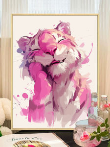Adorable Pink Tiger Zodiac Number Acrylic Paint DIY Coloring Handmade Cartoon Decorative Painting Modern Simple Style with Frame