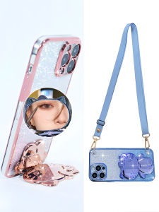 Kitty Cat Design Phone Case for Apple iPhone 15, 13 Pro Max, 14 Plus, 12 XR, XS: Gradient Sparkle Silicone Protective Cover with Mirror Stand and Crossbody Strap