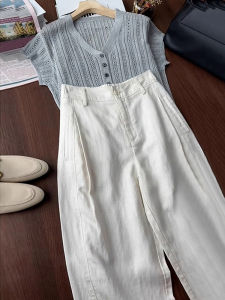 Bộ Thời Trang Mùa Hè Nữ Cao Vòng Eo Ống Rộng Quần Đồ Len Hai Mảnh Hòa Tấu Giảm Tuổi Thời Trang/ Phong Cách Nhìn Thon Gọn Hiệu Ứng