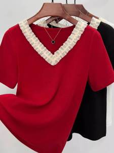 Summer Red V-Neck Short Sleeve T-Shirt Slim Fit Chicken Heart Collar Beaded Lace Fashion Top Commute Style Regular Length Cotton Blend