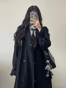 Black Medium-Length Coat for Women Thin British Style Spring Autumn Fashion Small Size Commuter Polyester Fiber Long Sleeve