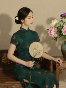 Slim-fitting Short-sleeved Mandarin Collar Elegant Cheongsam Dress Green