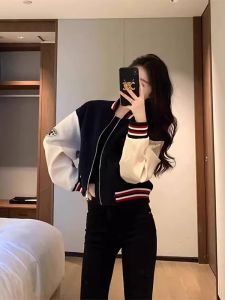 Womens Short Baseball Jacket 2025 New Spring American Retro Color Block Long Sleeve Stand Collar Versatile Zipper Top