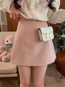 กระโปรงสั้นทรงเอเอวสูง AnLi 2024 ดีไซน์ใหม่ สีชมพูดอกกุหลาบ ทรงเข้ารูป สวมใส่สบาย สไตล์ทำงาน