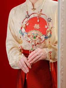 Red Bridal Handmade DIY Wedding Fan Face Covering New Chinese Style Group Fan High End Silk Or Bamboo Material Home Decor
