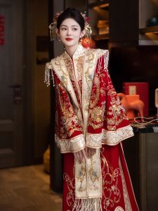 Velvet Show Heifu Wedding Dress New 2025 Summer Hanfu Womens Slimming Bridal Gown Long Sleeve Embroidered Stand Collar Gown