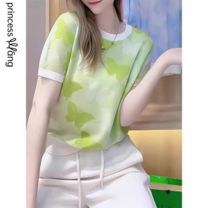 WANGGONGZHU | Princess Style Ice Silk Short Sleeve T-Shirt Womens Summer New Dopaamine Color Block Thin Top Round Neck Loose Fit Commute Style