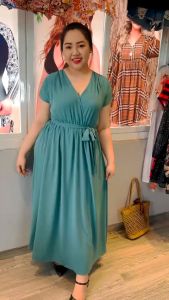 Blackish Green Solid Color V Neck Wrap Pleated Short Sleeve Maxi Dress -Xmas (KS6118918-P309)- Big Size (50-80kg)