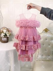 Bé Gái Sequin Đầm Dự Tiệc Thanh Lịch Giáng Sinh Trang Phục 1st Sinh Nhật Phù Dâu Công Chúa Hứa Áo Choàng Dài Đến Đầu Gối Cổ Tròn Màu Hồng Đậm