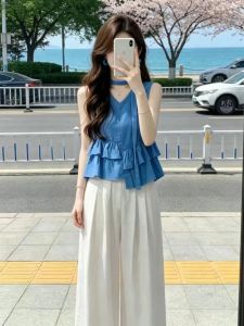 NIUVIES | Bộ Áo Không T Tay Xanh và Quần Ống Rộng