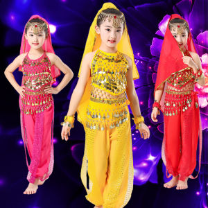 7Pcs Girls Indian Belly Dance Costumes Children Sequin Halter Tops Pants Veil Headdress Waist Chain Kids School Performance Outfits