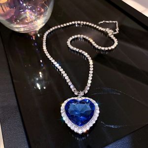 Heart of Ocean Blue Heart Necklaces for Women Rhinestone Crystal Long Chain Necklaces Love Forever Jewelry For Party Gifts K