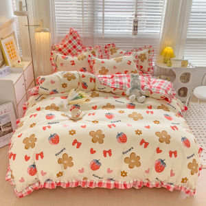 Korean Princess Heart Print Bedding Sets 4pcs Cute Kids Girl Adults Bed Skirts Duvet Cover Bed Sheet Pillowcase Home Textile