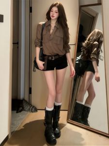 VKSOD | Light Mature Hong Kong Style Loose Lightweight Breathable Long Coffee Color Shirt Top And Denim Shorts Set Womens Summer Fashion