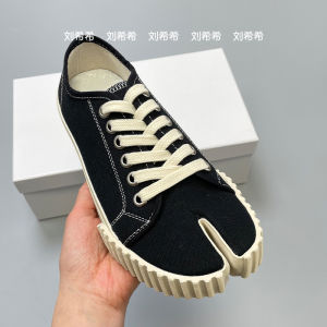 Tabi Canvas Shoes Womens Spring Summer New Style Mens Lace-Up Board Shoes White Sneakers Fingerprint Pattern round Toe Low Top