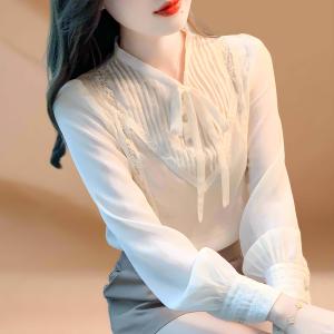 เสื้อเชิ้ตผ้าชีฟองแขนยาวสไตล์เกาหลีสำหรับผู้หญิงในช่วงฤดูใบไม้ผลิและฤดูใบไม้ร่วง เสื้อเชิ้ตผ้าชีฟองทรงเข้ารูปแบบลำลองสำหรับใส่ไปทำงาน