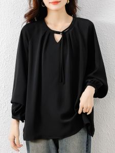 เสื้อเชิ้ตผ้าชีฟองแขนยาวสไตล์จีนใหม่ ทรงหลวม คอตั้ง ลายสก็อต แฟชั่นฤดูใบไม้ผลิและฤดูใบไม้ร่วงสำหรับผู้หญิงไซส์ใหญ่