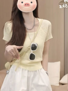 BINKAFENNY | เสื้อสเวตเตอร์คอเหลี่ยมแขนสั้นสีเหลืองสไตล์อเมริกันย้อนยุคสำหรับผู้หญิงในช่วงฤดูร้อน เสื้อคลุมกันหนาวแบบสวมหัวที่สวมใส่สบายและสวยงาม