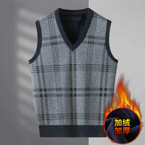 Mens Autumn Winter Knitted Sweater Vest V-neck Fashion Casual Thickened Fleece Lined No-sleeve Knitted Cardigan City Style Polyester Fiber
