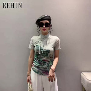 REHIN Chinese-Inspired Womens Short-sleeved T-shirt with Artful High-end Design  Stand Collar and Traditional Button Elegant Tops
