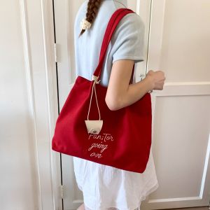 Red Letter Canvas Tote Bag Womens 2025 New Summer Super Popular Commuter Single Shoulder Bag Casual Large Capacity