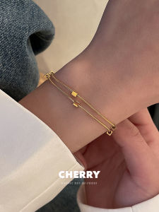 Gold Double Layer Small Square Titanium Steel Bracelet Womens Ins Cold Style Non-fading Unique Design Stackable Hand Jewelry