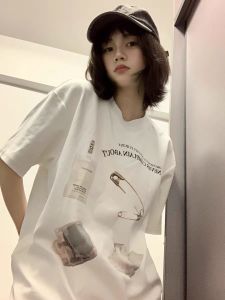 Cotton Short Sleeve T-shirt for Men Women Loose Fit Retro Design Printed Workwear Summer Style Crewneck