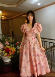 Filipiniana Printing Vintage Dress Puff Sleeves Bow Slim Waist lady Party Dress | Princess Dress 2342
