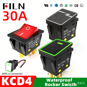 FILN 30A 250V Heavy Duty 4 Pin DPST IP67 Sealed Waterproof T85 Toggle Rocker Switch with LED 12V 220V 30x22 for Auto Boat Marine