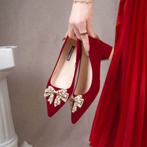 Giày Cao Gót Màu Đỏ Đế Dày Cho Cô Dâu Giày Cưới Giày Đính Rượu Không Làm Chân Mỏi Giày Đính Lễ Cưới Giày Đế Cao PU