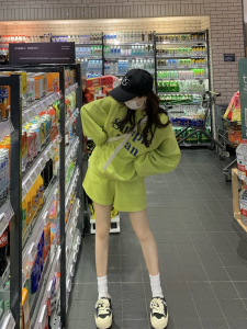 Idle Style Casual Loose Sweatshirt Shorts Denim Casual Sports Suit Ins Two-piece Set Hong Kong Style K-style Female Spring & Fall