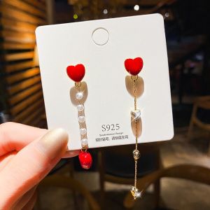 good 999 S925 Silver Korean Little Red Heart Asymmetrical Creative Personality Girl tassel long Earrings ES6266