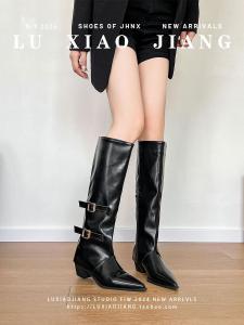 Black Leather Knight Boots Womens Autumn Winter High Top Pointed Toe Belt Buckle Booties Thick Heel Long Tube Shoes for plus Size