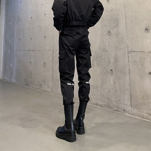 Slimming High Waist Womens Cargo Pants Spring Stylish Cuffed Casual Long Black Biker Style Thin Polyester Original Design