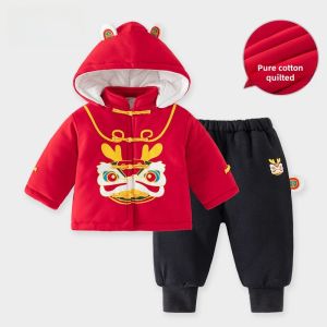 New Year Celebration Thick Cotton Outfit for Babies Traditional Chinese Tang Suit Style Winter Childrens Clothing Set
