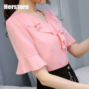 Herstore Chiffon Shirt Short Sleeved Summer Korean Version V-Neck Slim Fit Casual Versatile Large Flared Sleeve Top for Women