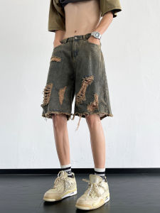 กางเกงขาสั้นผ้ายีนส์ขาดๆ สไตล์ฮิปฮอปอเมริกันสำหรับผู้ชาย กางเกงขายาวทรงตรงหลวมๆ ทรงฤดูร้อน กางเกงขายาวทรงห้าส่วน