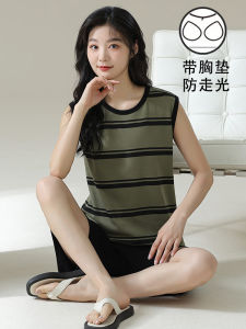 Summer Thin Cotton Vest Sleepwear Womens Home Clothes Set with Chest Pad No Sleeve Striped Large Size Can Be Worn outside