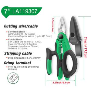 LAOA | LAOA 7" Multi-Function Electrician Pliers Wire Stripper Cutter Crimper CR-V Steel 1.5-4mm² AWG Cable Tool