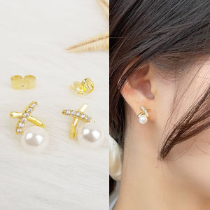 Bông Tai Nữ Khuyên Tai Gài Chữ x Đính Đá Gắn Trái Châu Nhân Tạo Thiết Kế Thanh Lịch B30V18 | Jewelry Queen