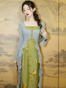 New Chinese Style Womens Han Elements Daily Skirt Water-Media Strap Dress with Open Cardigan Lightweight Retro Set Dress