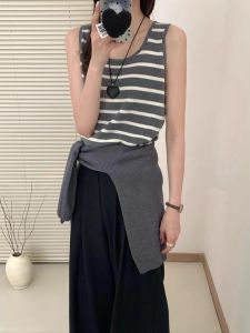 เสื้อกั๊กถักนิตติ้งคอตตอนผสมสีทาง ทรงตรง สำหรับผู้หญิง ชุดทำงาน ฤดูใบไม้ผลิและฤดูใบไม้ร่วง เสื้อคลุมกันหนาวแบบสวมลำลอง