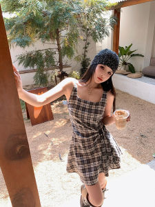 Onelady Plaid Square Collar Waist-Cinched Pleated Vest Dress Women Spring Summer Short Sleeveless Strap Dress Shirt Dress