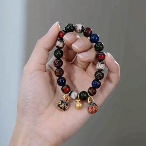 Colorful Incense Ash Glazed Bead Bracelet with Gold Amulet Pixiu Lucky Charms Protection Wealth Gift