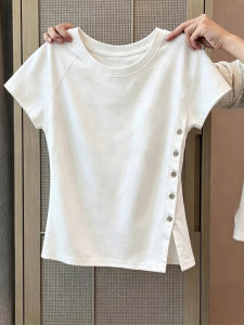 MISHANGYICHU | Chic Sweet & Spicy Summer Slim Fit Korean Style T-Shirt with Button and Slit Hem for Base Layer Wear