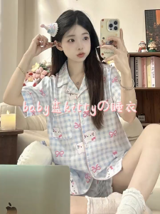 ชุดนอนผ้าไหมญี่ปุ่น รอบอก 44 นิ้ว ผ้าเนื้อนุ่ม เบาสบาย แขนสั้น + กางเกงขาสั้น ลายการ์ตูน น่ารัก ทันสมัย