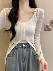 Womens Long Sleeve Knitted Top Mid-Length Hollow out Split Design Slimming Effect Spring New Style Korean Style Commute Wind