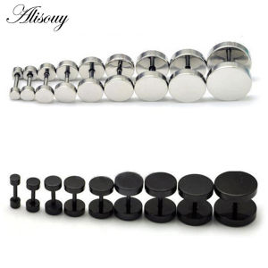 Alisouy 2PC Man Women Barbell Punk Gothic Stainless Steel Ear Studs Earrings Black Silver Color